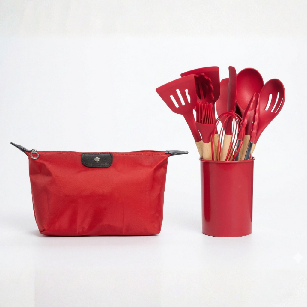 Kit Cozinha 12 Utensílios Silicone Antiaderente com Cabo de Bambu + Nécessaire Impermeável Portátil Resistente