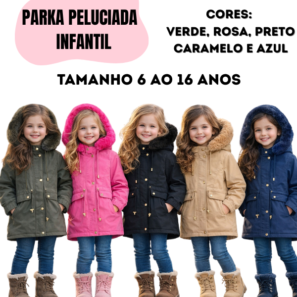 PARKA INFANTIL CASACO DE FRIO MENINA JUVENIL BLUSA PRO FIO KIDS JAQUETA PELUCIADA CAPUZ REMOVIVEL PUFFER PRETO ROSA PINK