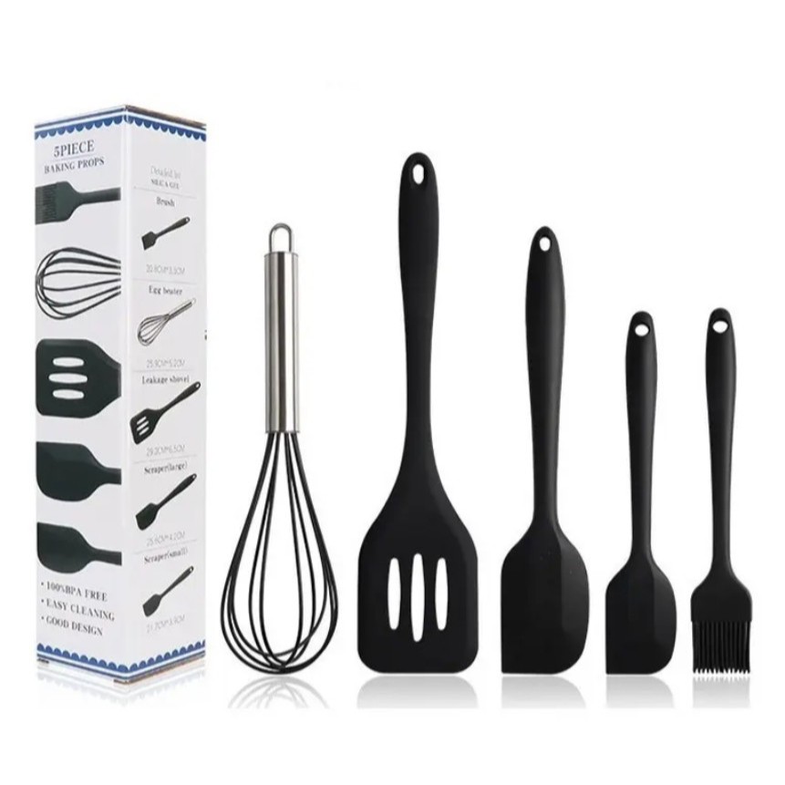 Kit Utensílios Silicone Premium 5 Peças Antiaderente Resistente ao Calor Não Risca Panelas Silicone Élite Kitchen