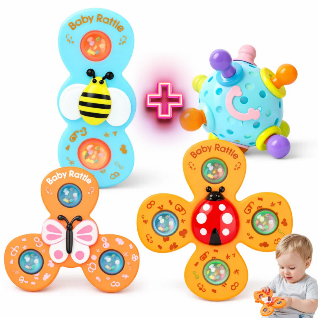 Kit 3 Spinner Bebê + 1 Bola Mordedor Chocalho Sensorial Interativo Divertido