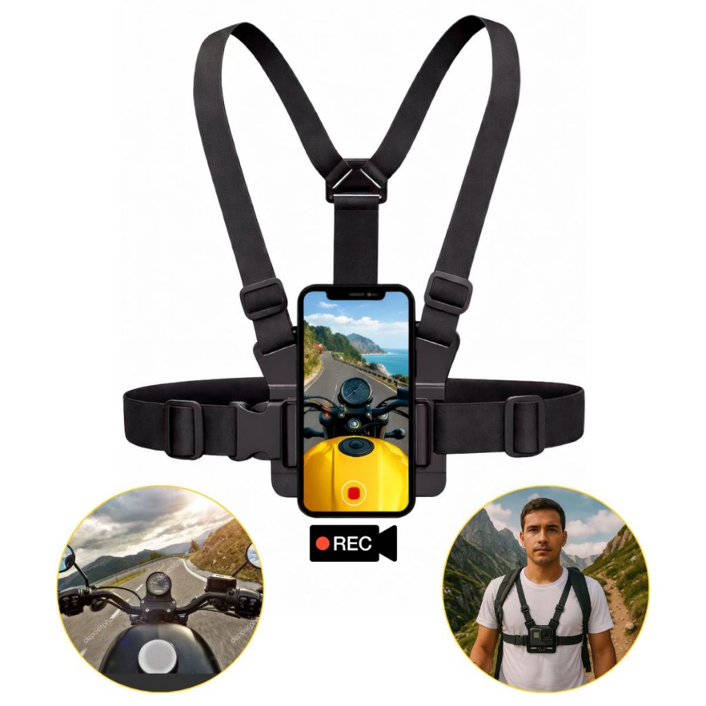 Suporte De Peito Para Celular Câmera Peitoral Gopro Pov Moto Bicicleta iPhone Android Ajustável