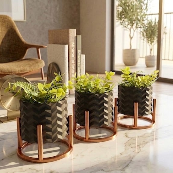 Kit 3 Vasinhos Cachepô Moderno com Suporte para Suculentas e Cactos Planta Artificial