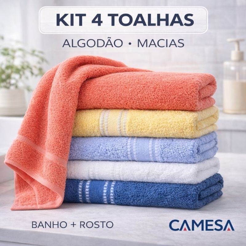 Kit Jogo Toalha 4 Peças Banho + Rosto 100% Algodão Macia e Absorvente