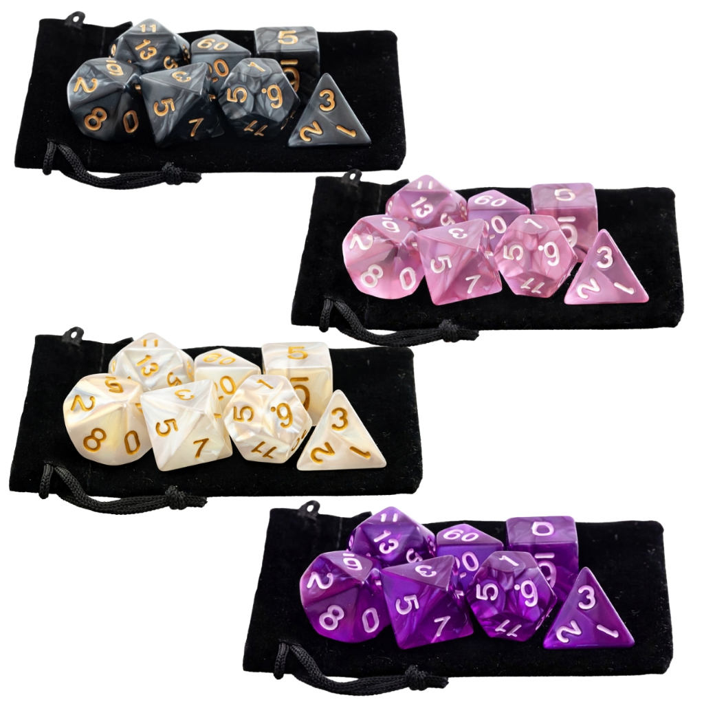 Kit De Dados RPG 7 dados Perolados D&D Completo + Bolsa Protetora