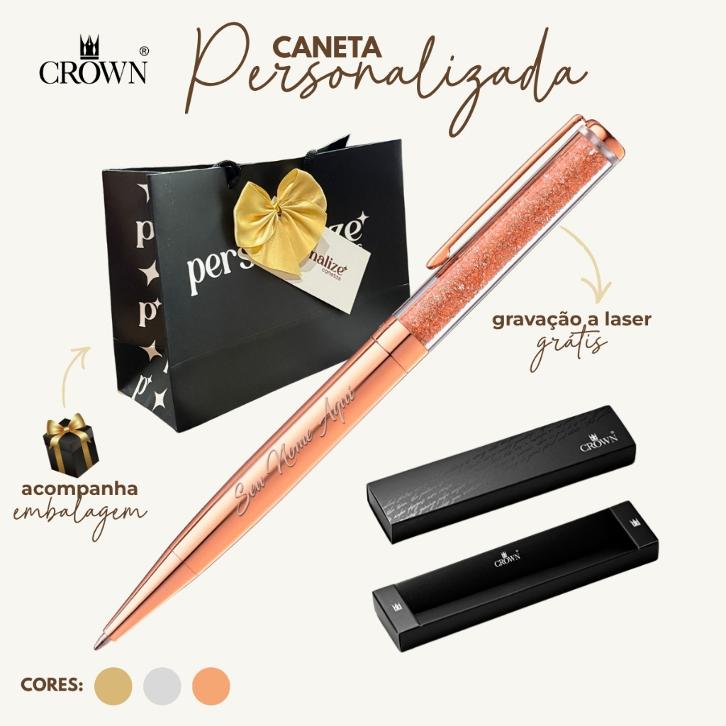 Caneta Luxo Personalizada Com Nome e Logo Crown Diamond Esferográfica Presente Formatura Professor