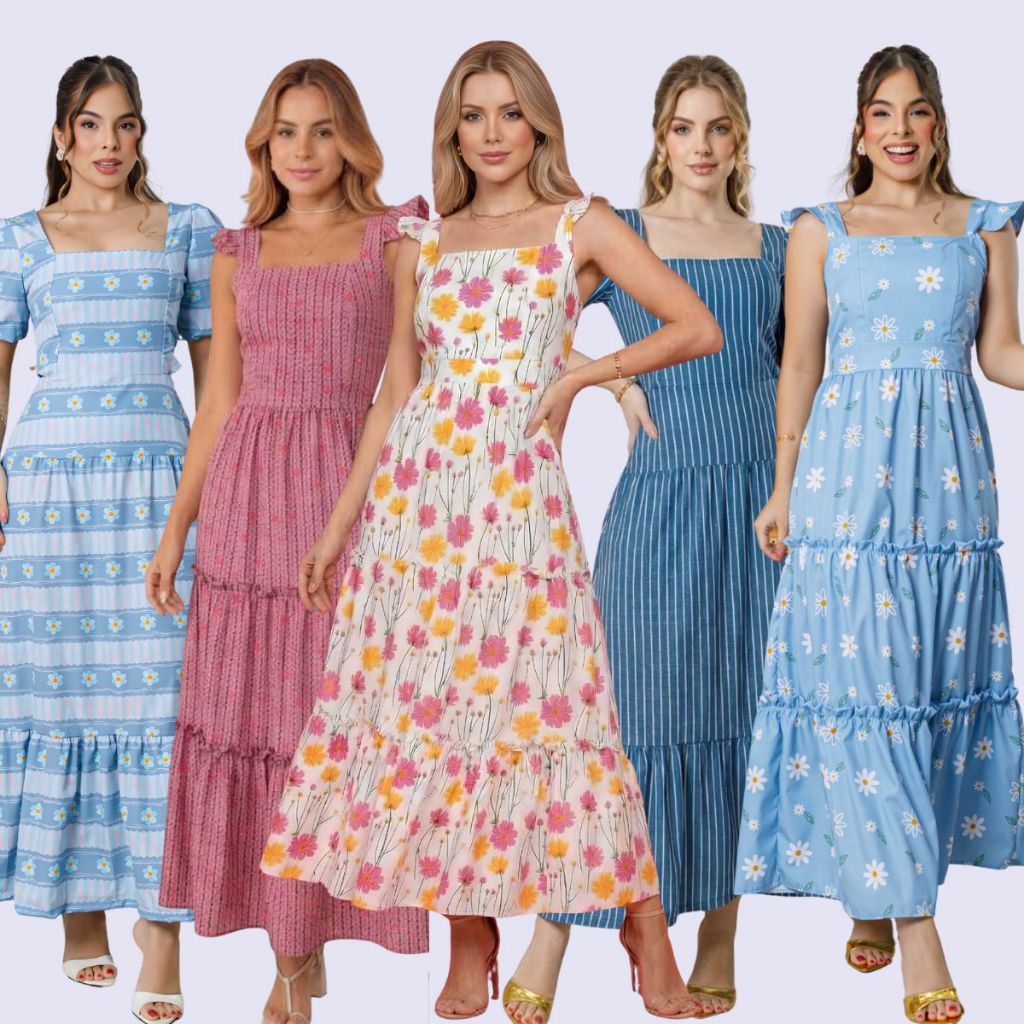 Vestido Longo Feminino Elegante Festa Estampado Roupa Floral Evangélico Babado Soltinho Confortável