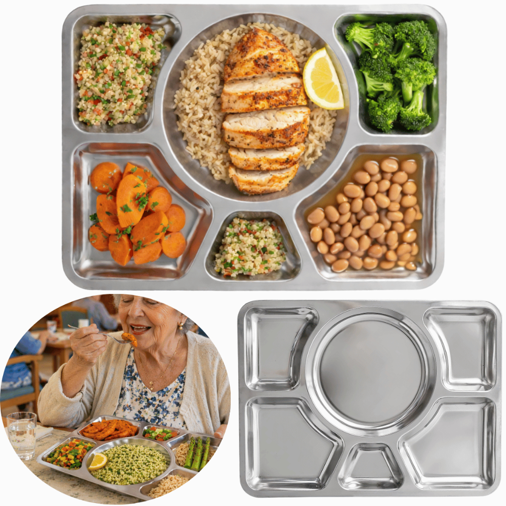 Bandeja Refeição Retangular Refeitório 6 Divisões 40cm x 30 cm Aço Inox Servir Divisórias
