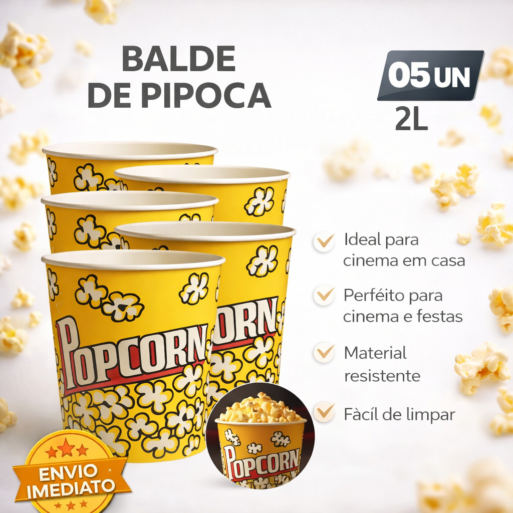 Kit 5 Balde Pipoca Pote GRANDE Combo Resistente Cinema Casa