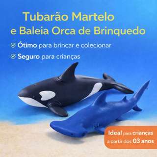 Kit Brinquedo Animais Marinhos Baleia Orca Tubarão Martelo 27cm Vinil Macio