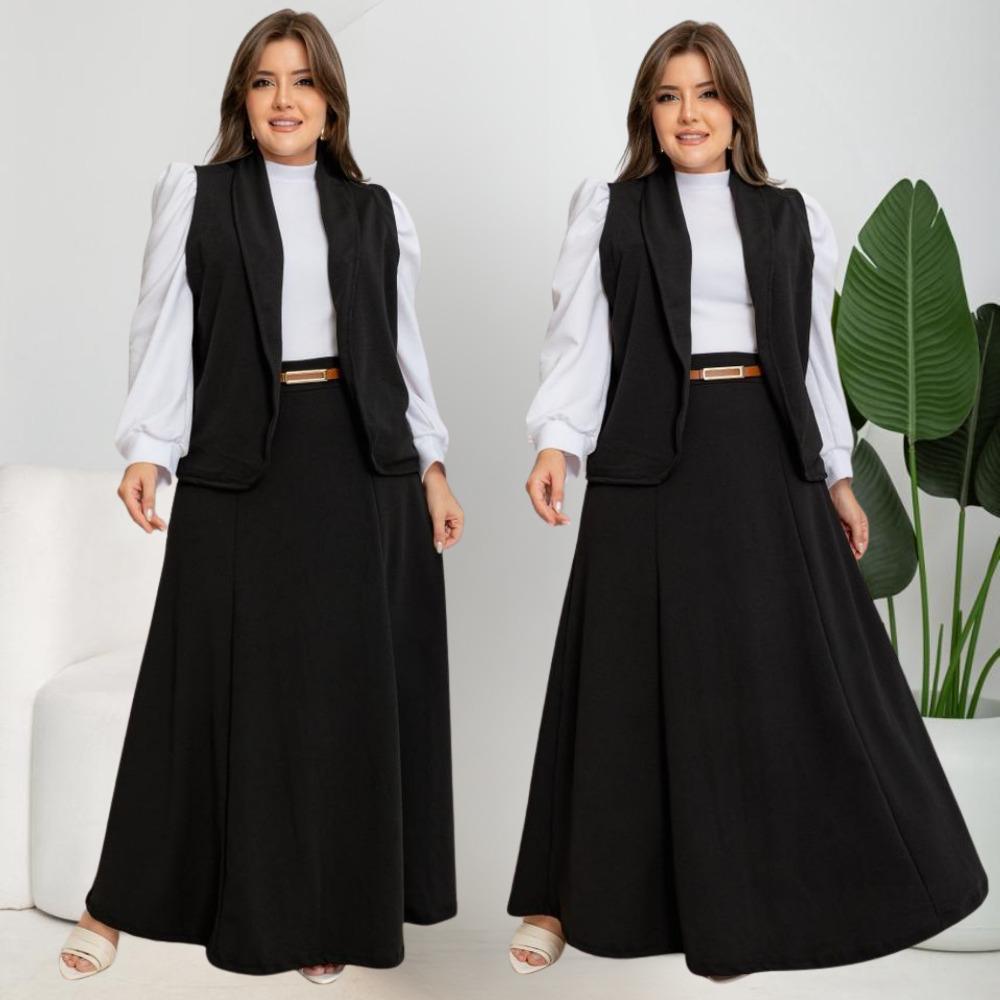 Conjunto 4 Peças Blazer Social  Blusa Feminina Manga Longa Saia Longa Cinto Plus Size Congresso