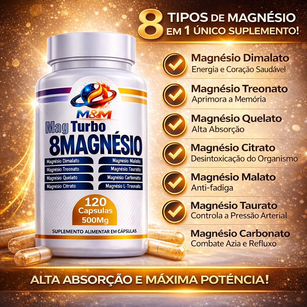 8 Magnésios Premium 500mg 120 Cápsulas Dimalao Treonato Quelato Citrato Taurato L TREONATO