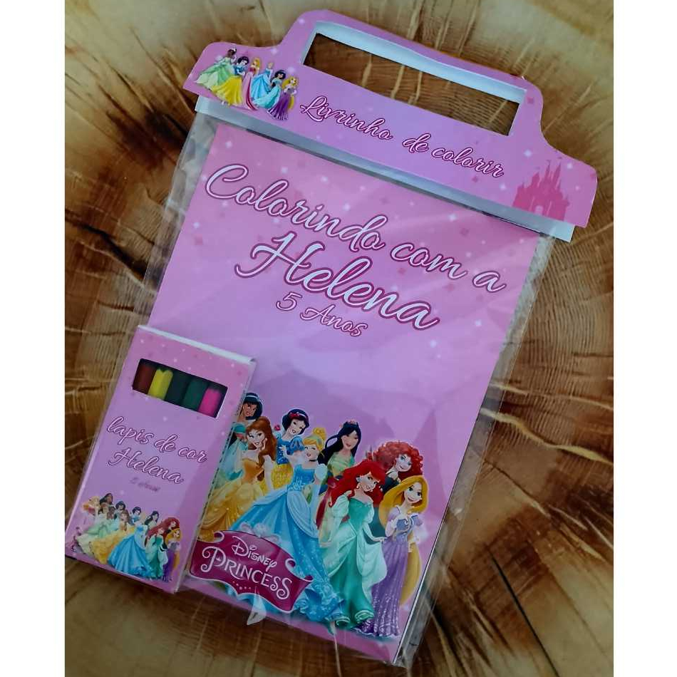 Kit Livrinho/ Revista de Colorir Personalizado Infantil + Lápis ou Giz | Princesas - Todos os temas | Lembrancinha Festa
