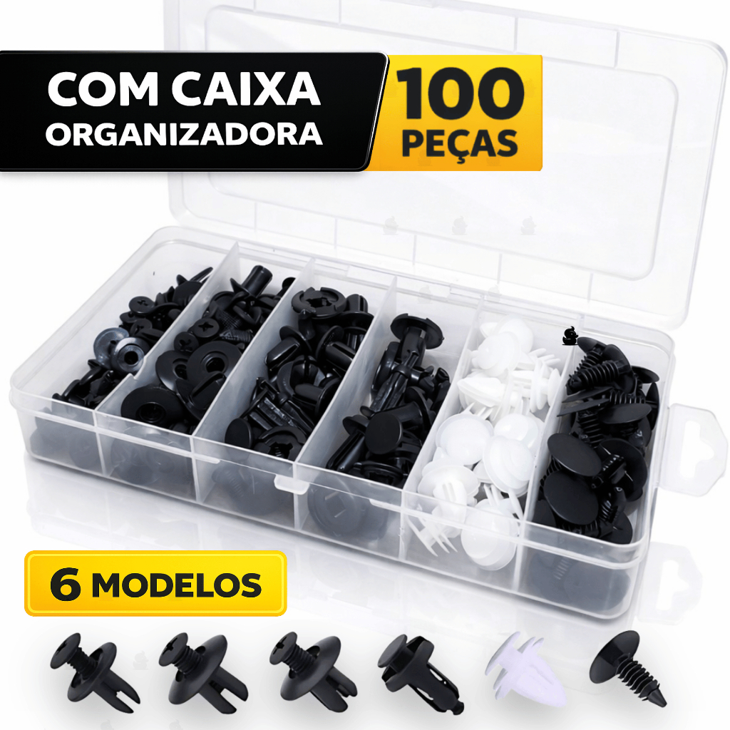 Kit 100 Presilhas com Caixa Grampo Fixador Parabarro, Parachoque Universal Carro - Clipe Automotivo