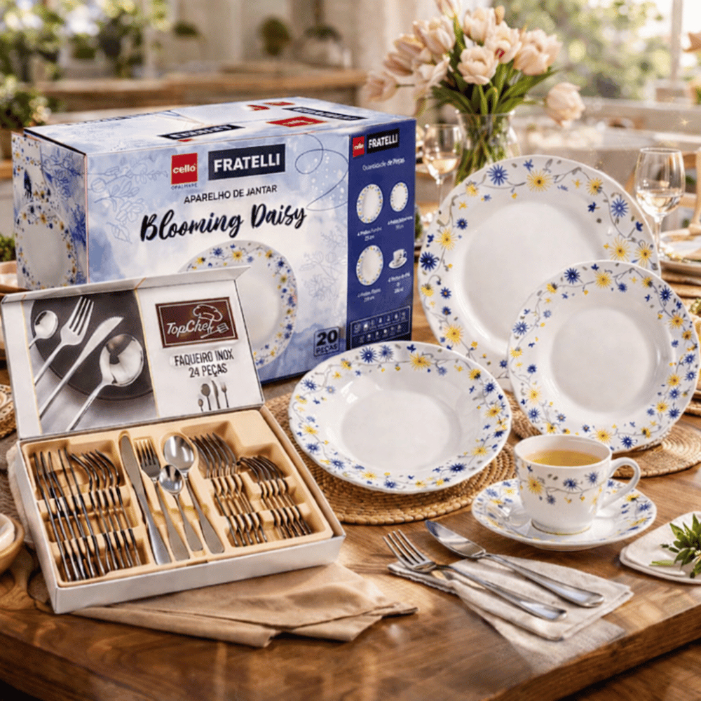 Kit Aparelho de Jantar 20 peças + Faqueiro 24 peças Garfo Colher Faca Prato Xícara Pires Completo