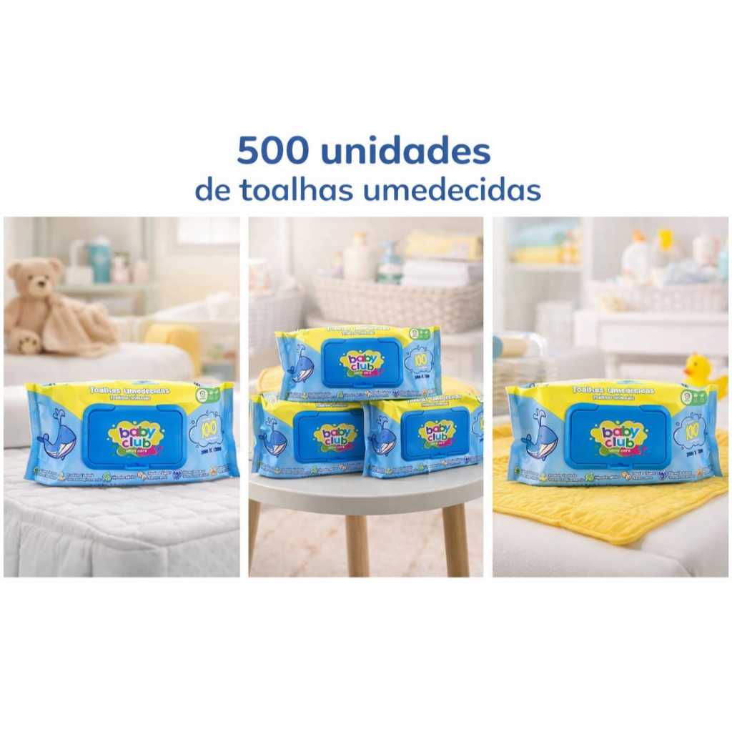 Toalhas Umedecidas Baby Club - Limpeza Eficaz e Segura para Bebês, 500 Folhas 5 Pacotão