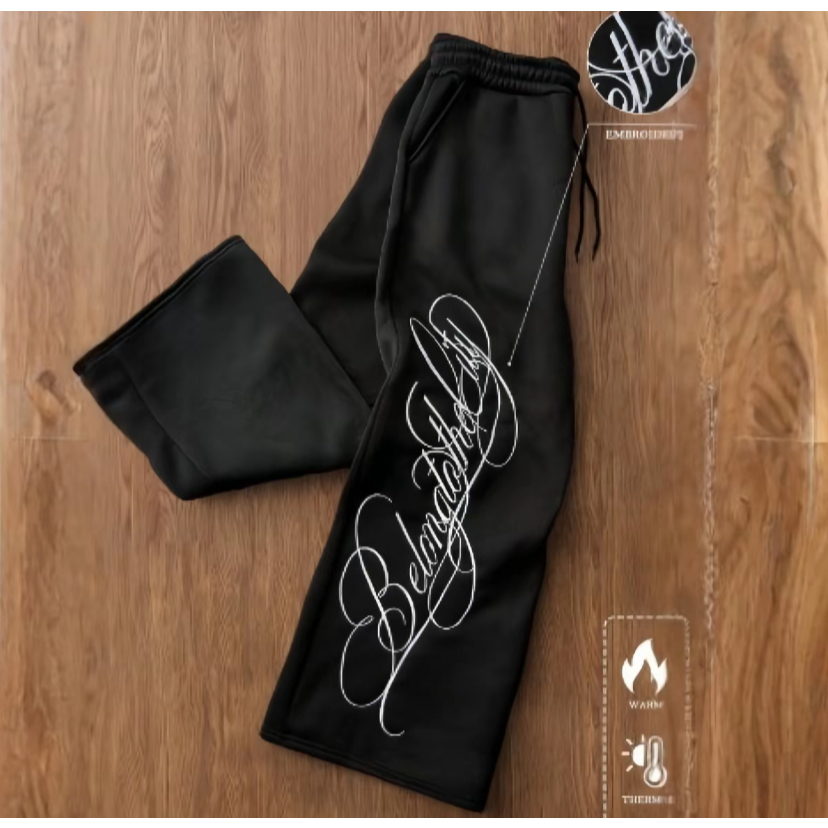Calça Wide Leg 100% Moletom Belong To The City Masculina Masculina e Feminina Estilo Streetwear Preto Branco e Cinza