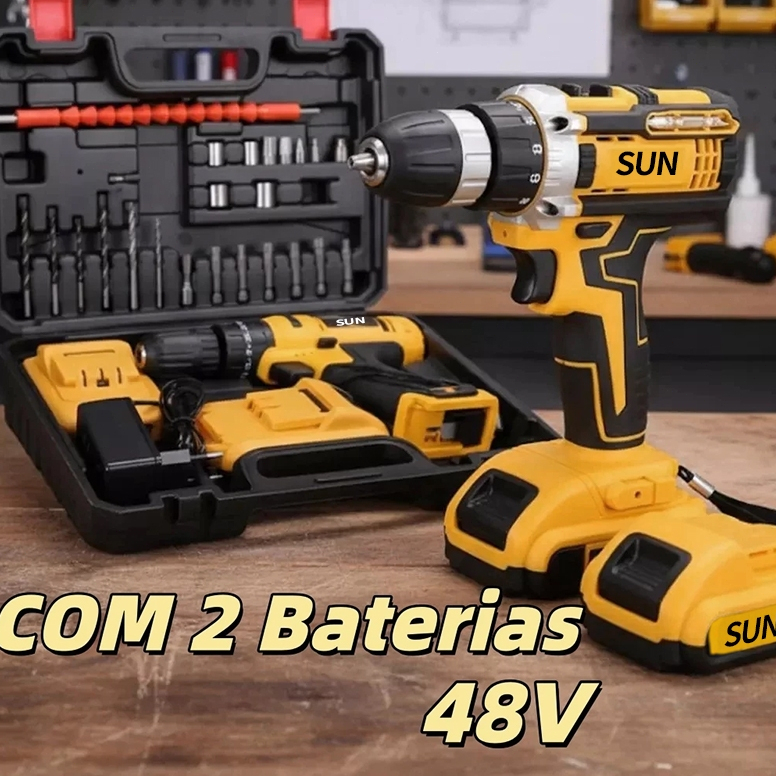 Parafusadeira Furadeira de Elétrica Sem Fio Impacto 48V Bateria 3 funções Kit Completo Acessórios