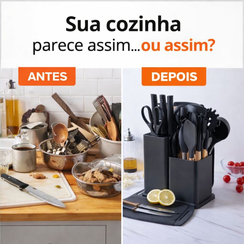 Conjunto Utensílios Cozinha Silicone 19 Peças Cabo Madeira Kit Completo Antiaderente com Suporte e Facas