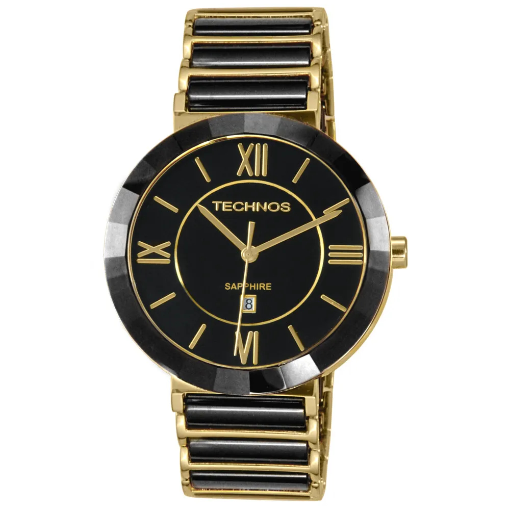 Relógio Technos Feminino Cerâmica Preto Dourado Vidro Safira Original 2015BV4P