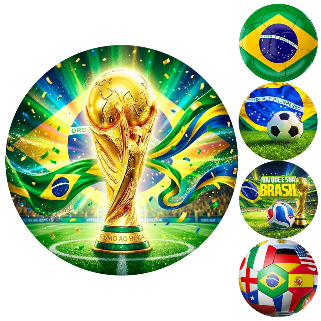Painel Redondo de Mesa Brasil Taça da Copa 3d em Tecido C/ Elástico 50x50 Cm