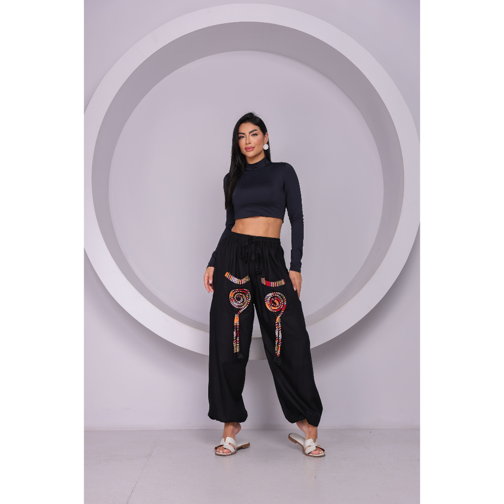 Calça Saruel Feminina Boho Indiana com Bolsos e Cós Ajustável
