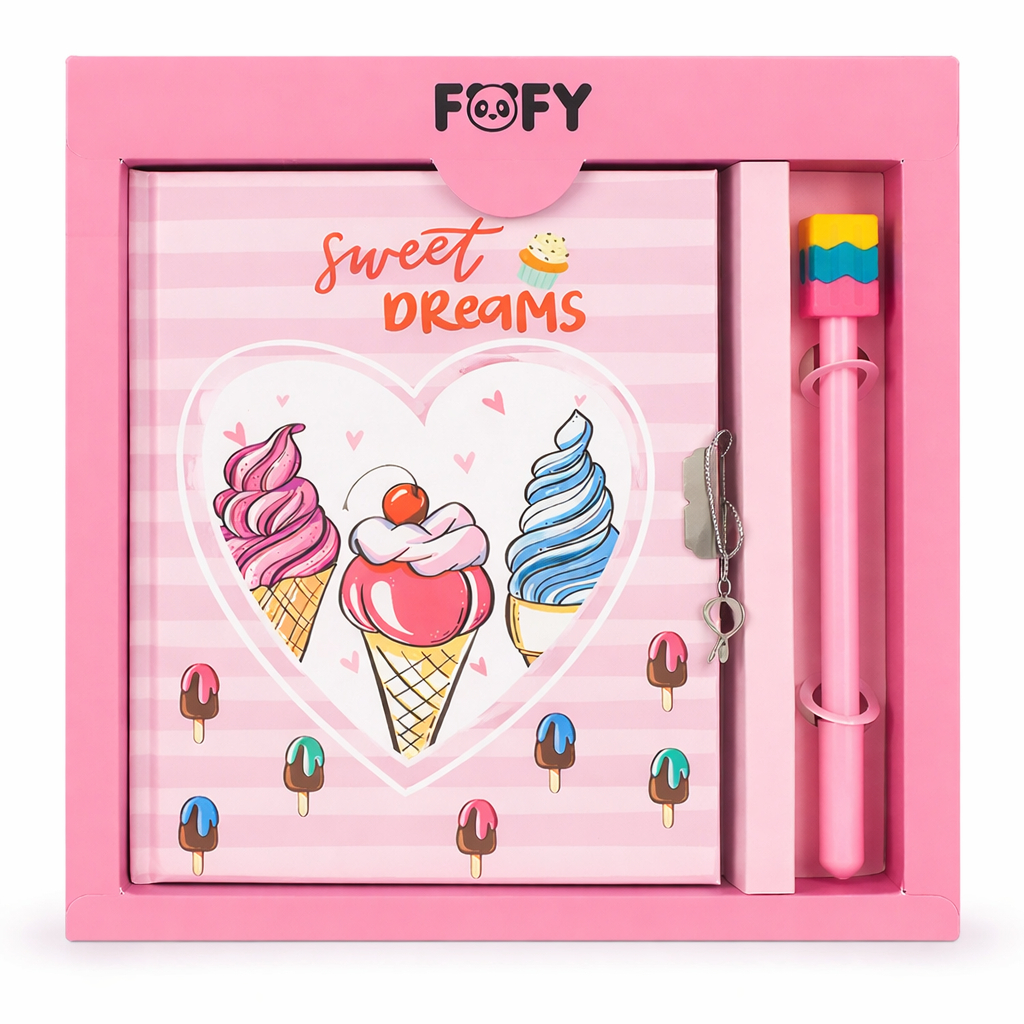 Diário Infantil Sorvete com Cadeado + Caneta Fofa Papelaria Infantil Presente Criativo Menina Escolar Sweet Dreams