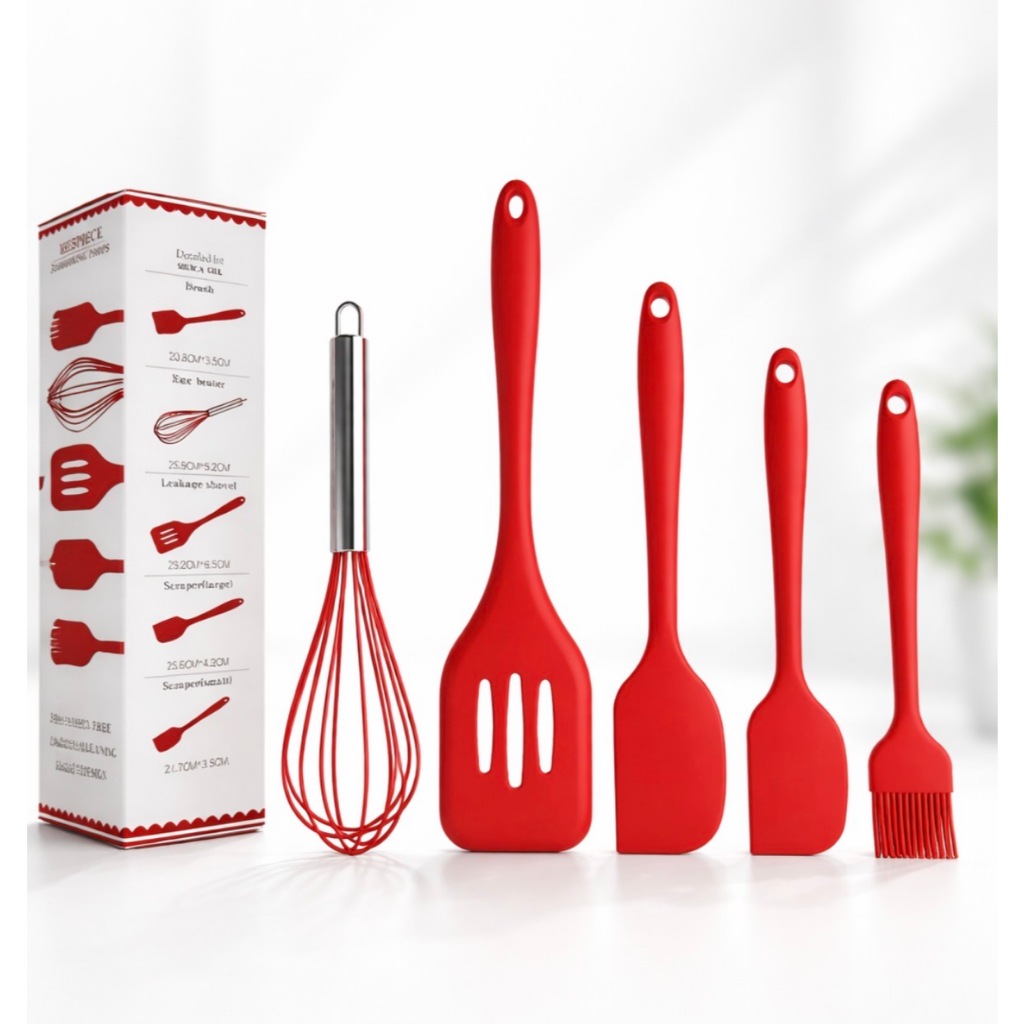 KIT com 5 UTENSÍLIOS DE COZINHA EM SILICONE Fue Fouet Espatula Colher Doceria Confeitaria Bolo