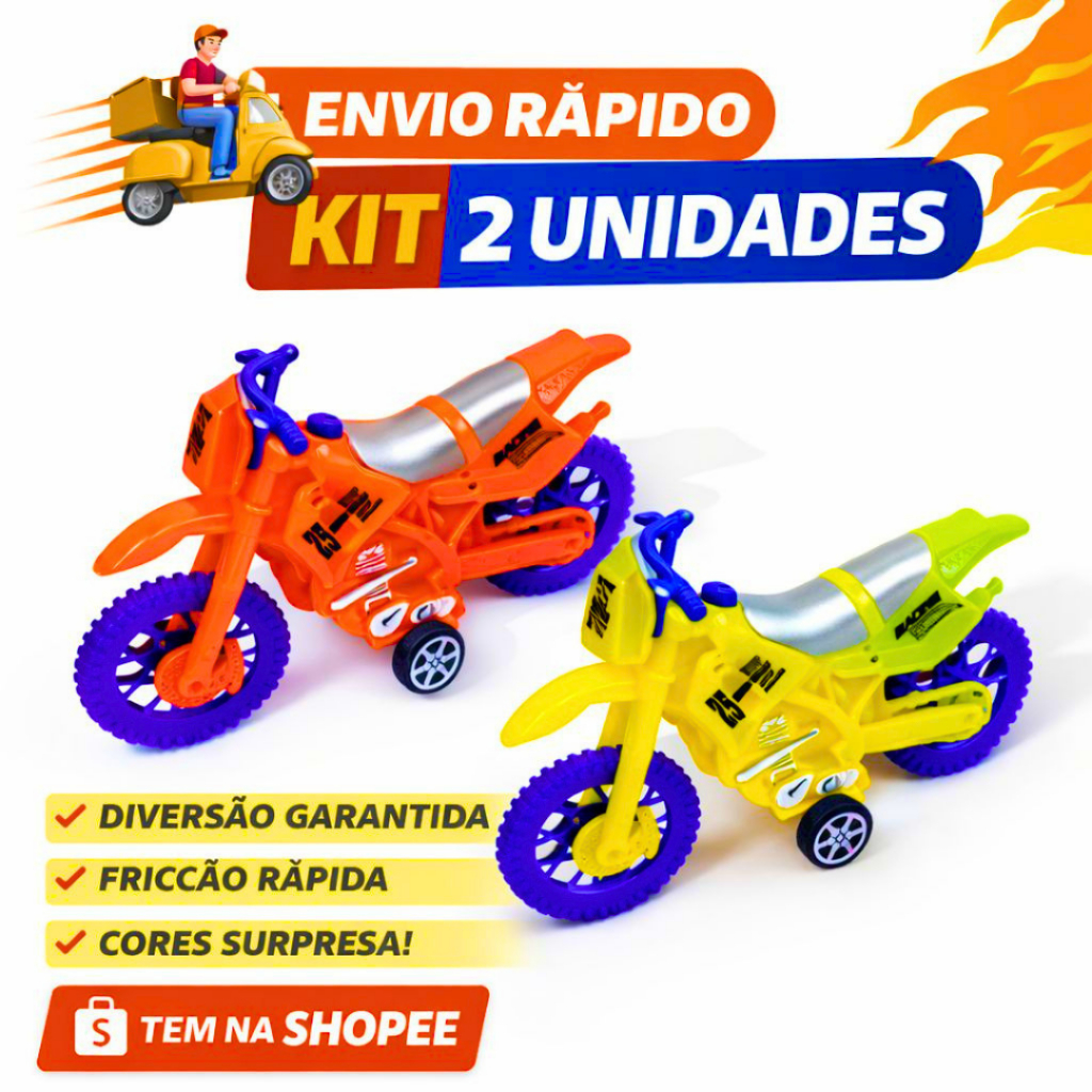 KIT 2 Brinquedo Moto Cross Infantil Fricção Motinha Colorida Roda Livre Criança Diversão Resistente