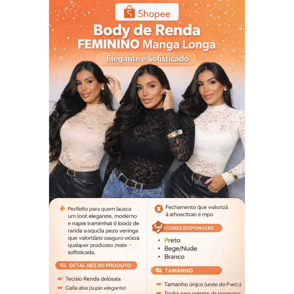 Body Feminino Manga Longa em Renda Floral