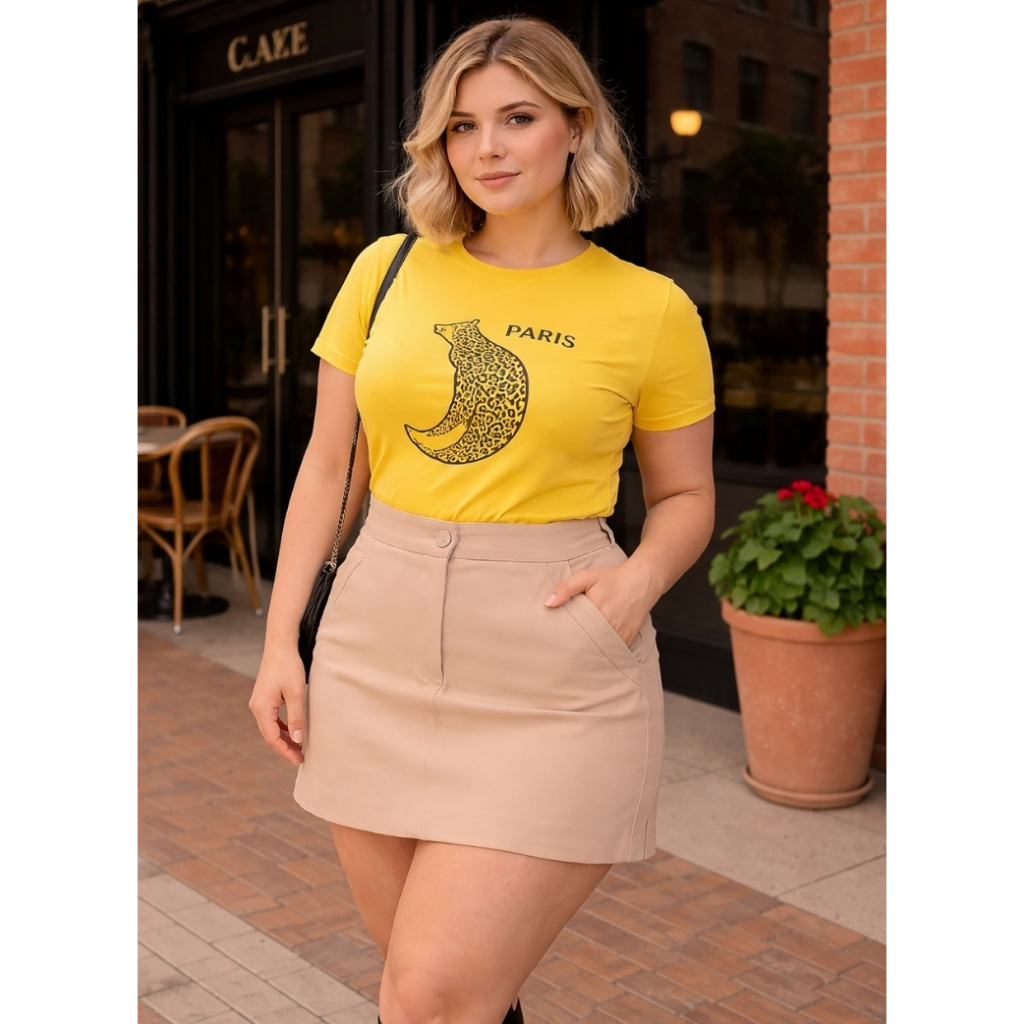 Saia Shorts Plus Size Com Bolso Flaso, Ziper e Botão na Frente Cintura Alta Tamanho 46 Ao 52