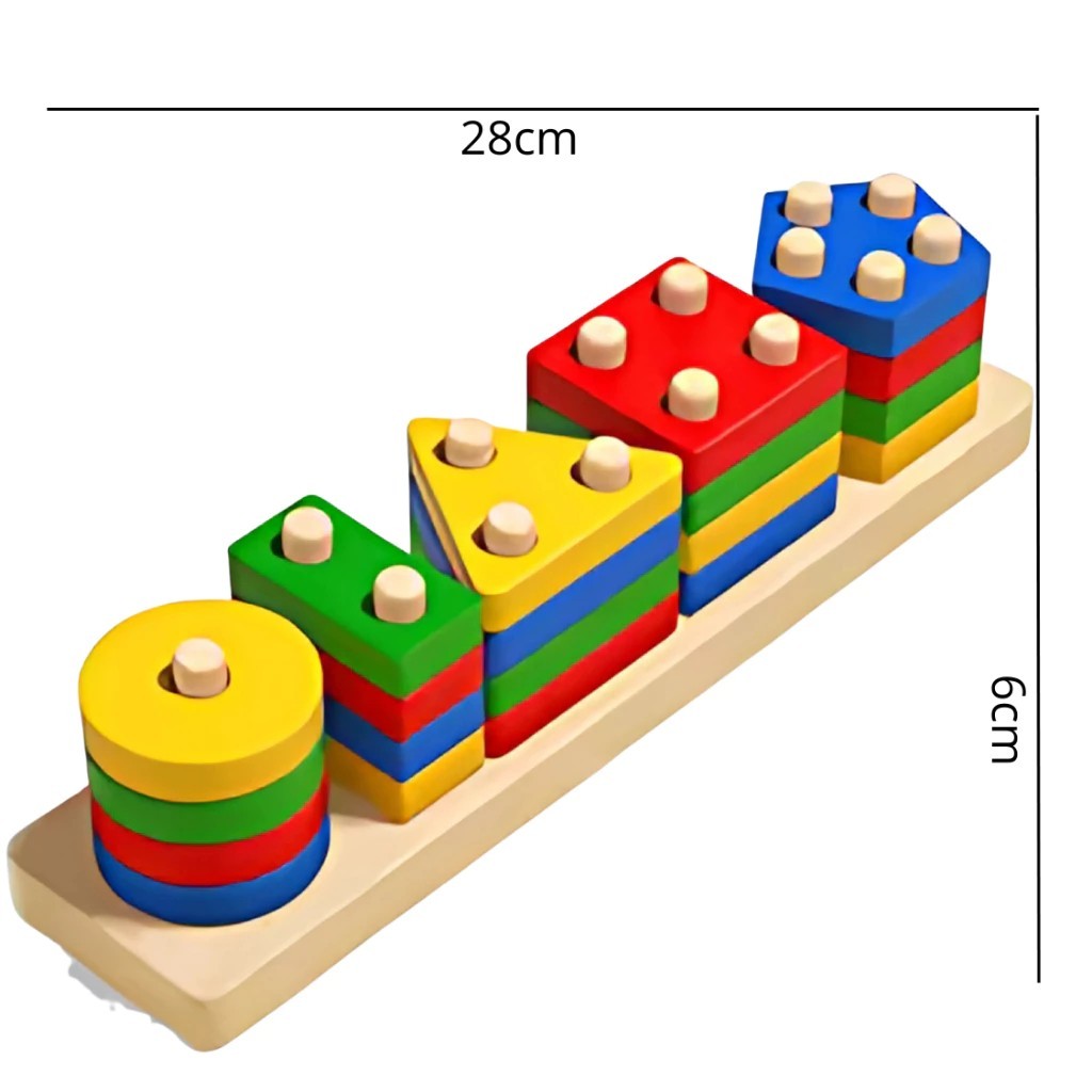 Brinquedo Educativo Montessori de Encaixe em Madeira - Formas Geométricas Coloridas para Coordenação Motora -20 Peças