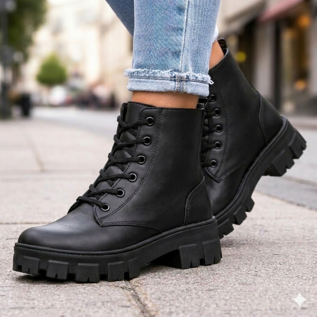 Bota Coturno Feminino Tratorado Blogueira Cano Medio Confort
