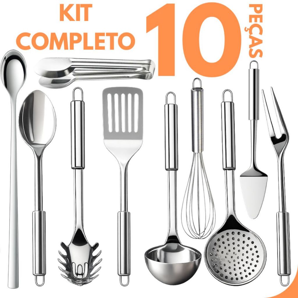 Kit 10 Utensílios De Cozinha Inox Premium Completo, Colher, Concha, Escumadeira, Espátula, Pegador, Garfo, Fue, Colher..