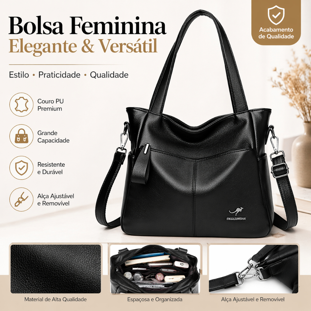 Bolsa Feminina Grande Couro PU Elegante Ombro Transversal Grande Capacidade Resistente Alça Ajustável