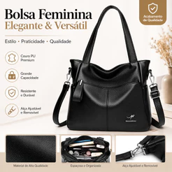 Bolsa Feminina Grande Couro PU Elegante Ombro Transversal Grande Capacidade Resistente Alça Ajustável