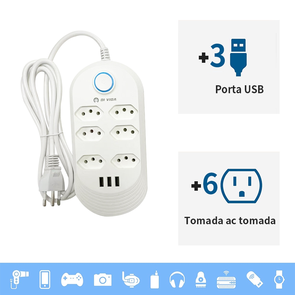 Régua Filtro de Linha Régua Extensão 6 Tomadas E 3 Entradas USB Bivolt 110v/220v Cabo de 2 Metros Extensão Elétrica