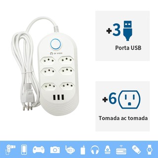 Régua Filtro de Linha Régua Extensão 6 Tomadas E 3 Entradas USB Bivolt 110v/220v Cabo de 2 Metros Extensão Elétrica