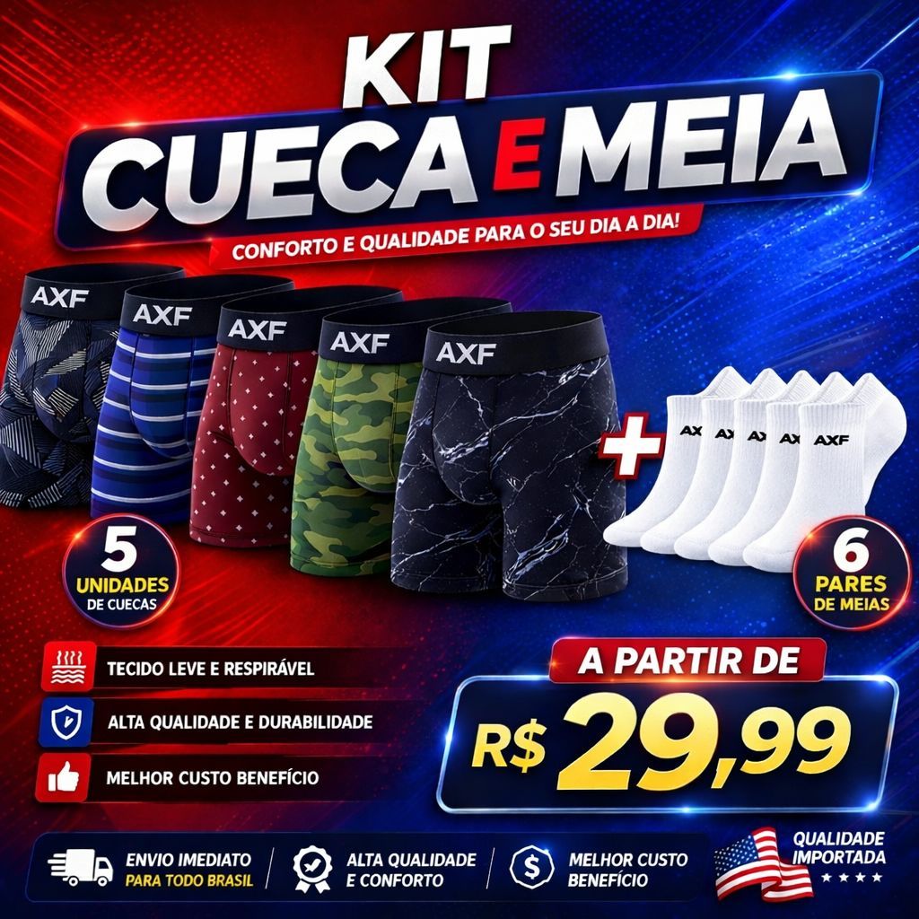 Kit 5 Cuecas Box Boxer Microfibra + 6 Pares de Meia Algodão