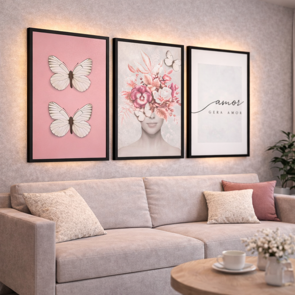 Quadro Decorativo Borboleta Mulher Flores Amor Quarto Sala Feminino Promoção