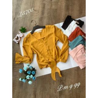 Camisa Cropped Feminina Manga longa com botão de amarrar social crepe