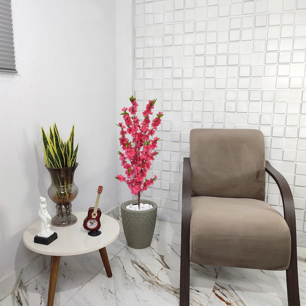 Flor Artificial Cerejeira Pink Vaso Cone Mármore Pedra Decoração
