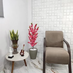 Flor Artificial Cerejeira Pink Vaso Cone Mármore Pedra Decoração