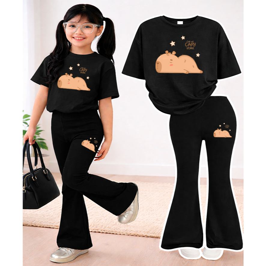 Conjunto Infantil Camiseta E Calça Flare Estilosa Capivara Sonequinha Cute
