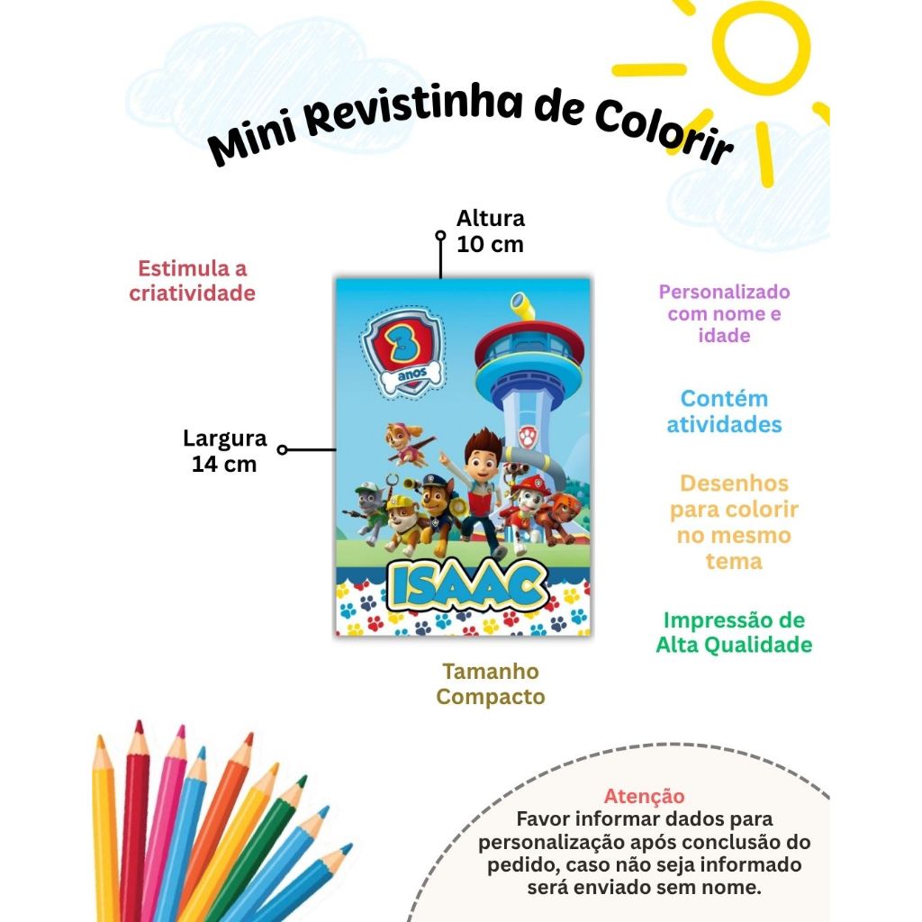 Mini Livrinho de Colorir com Atividades Patrulha Canina Personalizado Lembrancinha Aniversário Infantil - Todos os Temas