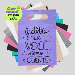 Sacolas Plásticas Alça Vazada Boca de Palhaço Frase Gratidão Ter Você Como Cliente