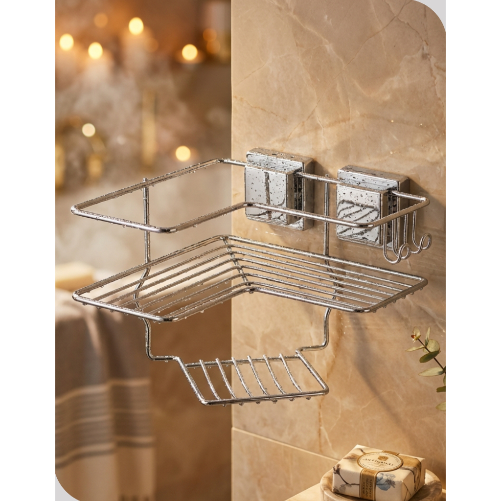Porta Shampoo Sabonete Cantoneira Com Ventosa Arthi Banheiro Cromado Sem Furo Suporte Box Aço Arthi