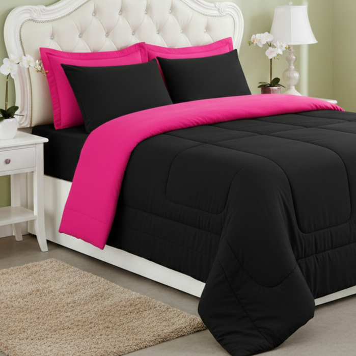 KIT CASAL QUEEN EDREDOM COM 03 PEÇAS DUPLA FACE PROMOÇÃO – ( preto / pink )