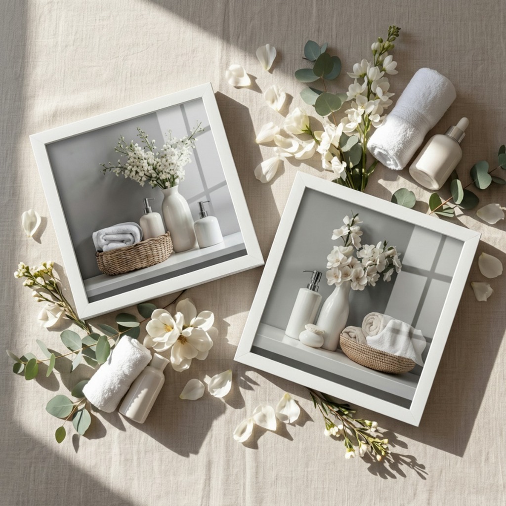 Kit 2 Quadros Decorativos Banheiro Lavabo Spa Flores 18x18 Moldura Vidro Relaxante Presente
