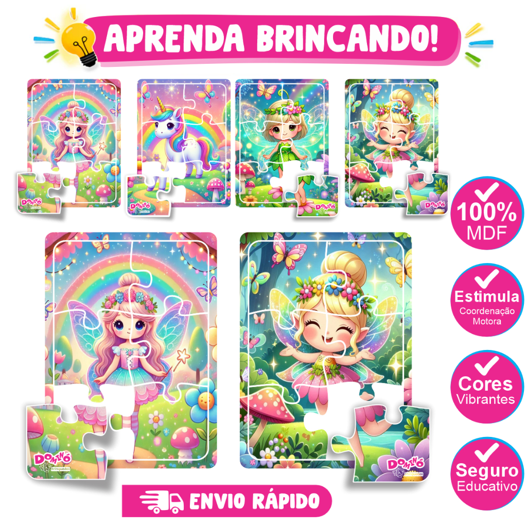 Kit 4 Quebra Cabeça em Mdf 6 Peças Jogo Pedagógico Infantil Lúdico Educativo fadas fadinha para meninas