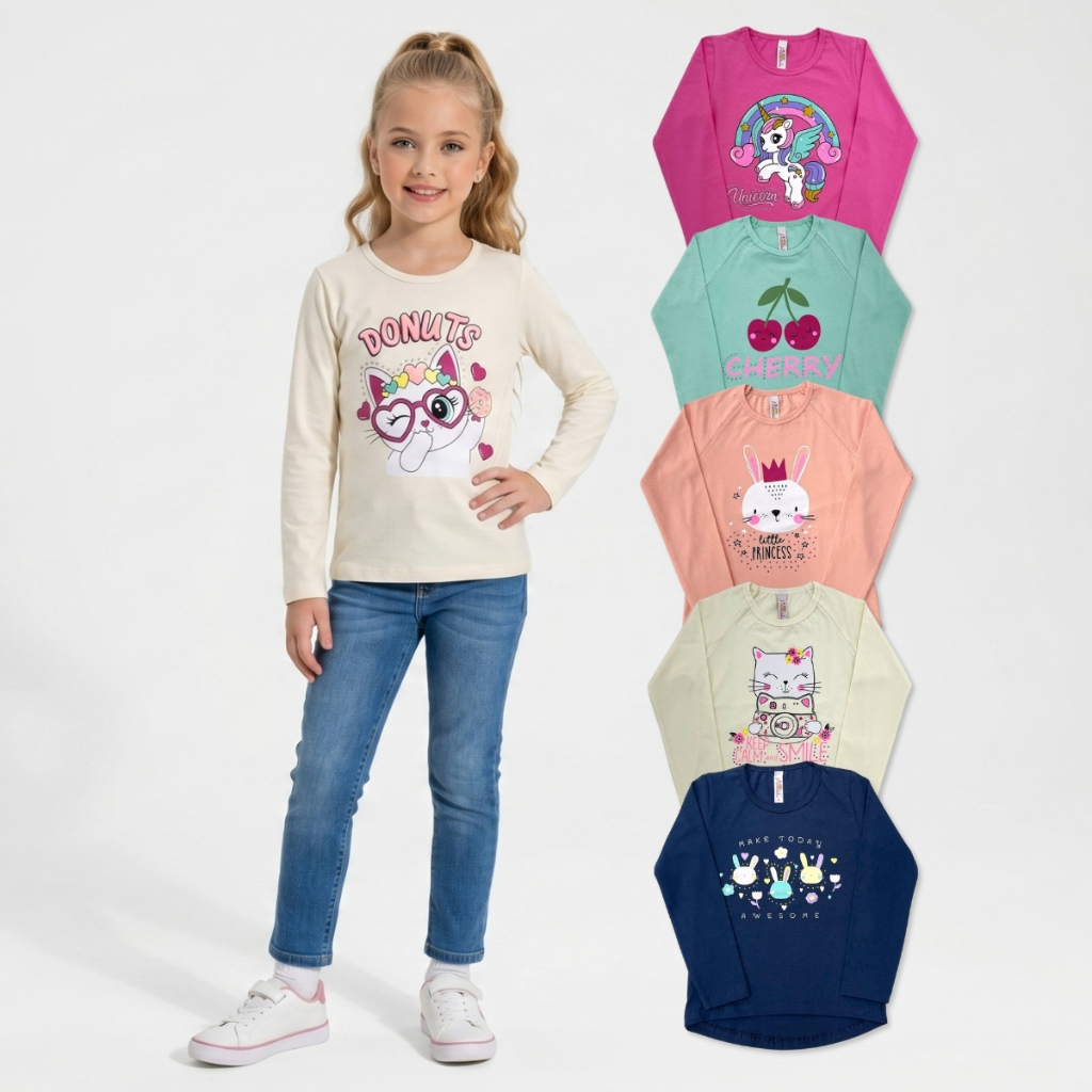 Kit 5 Blusa Manga Longa Escolar Infantil Menina Criança Com Silk Pedraria Cores Sortidas em Oferta na Shopee